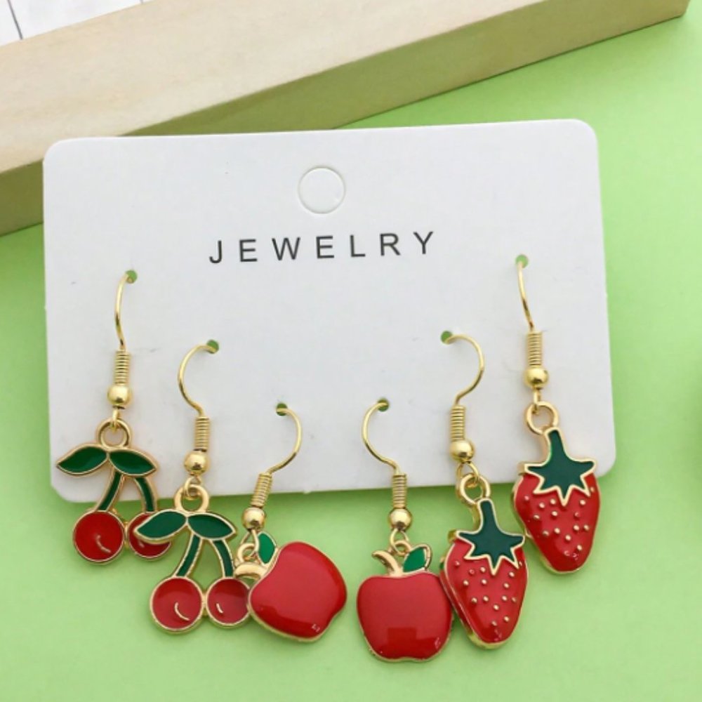 3 Pairs - Apple Strawberry Cherry Earrings